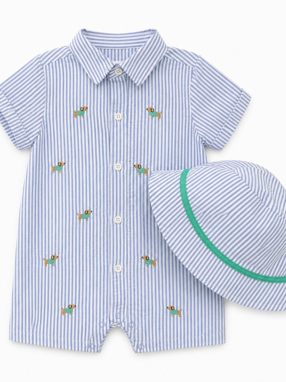 NWT Little Me Baby Boy 2 Piece Shortall & Hat Set Size 6 Months Puppy Seersucker